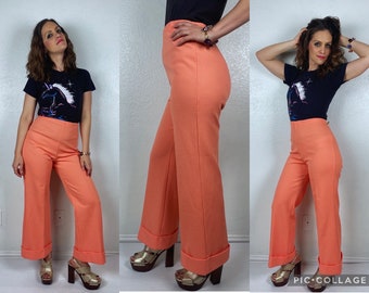 sz 32 vintage 70s PEACH high waist TROUSERS xl/34 wide leg pants 70s flares 30 plus size extra large bellbottoms disco retro salmon coral