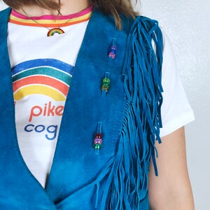 vintage 80s Teal SUEDE leather Colorful Beaded FRINGE VEST xs boho hippie Pioneer Wear turquoise festival jacket 80s leather vest bohemian image 5