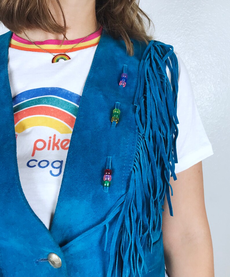 vintage 80s Teal SUEDE leather Colorful Beaded FRINGE VEST xs boho hippie Pioneer Wear turquoise festival jacket 80s leather vest bohemian image 5
