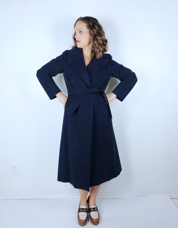 vintage 70s Faux Suede NAVY Belted WRAP COAT Smal… - image 8