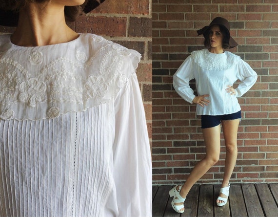 vintage 90s White OVERSIZED COLLAR Embroidered BLO