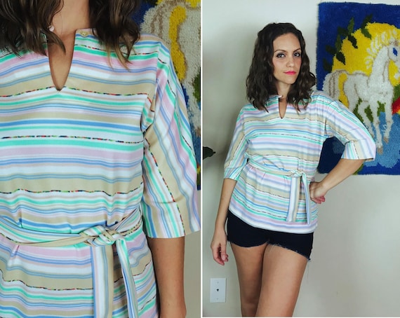 vintage 70s Pastel CANDY STRIPED belted TUNIC Top… - image 1