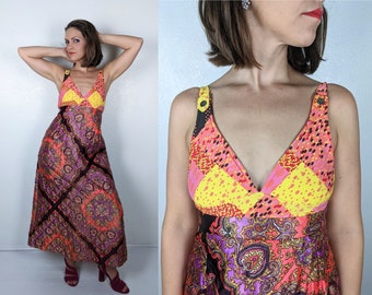 vintage 60s QUILTED mod Halter MAXI DRESS xs opulent medallion print groovy boho empire waist purple retro hippie vintage 60s dress bohemian