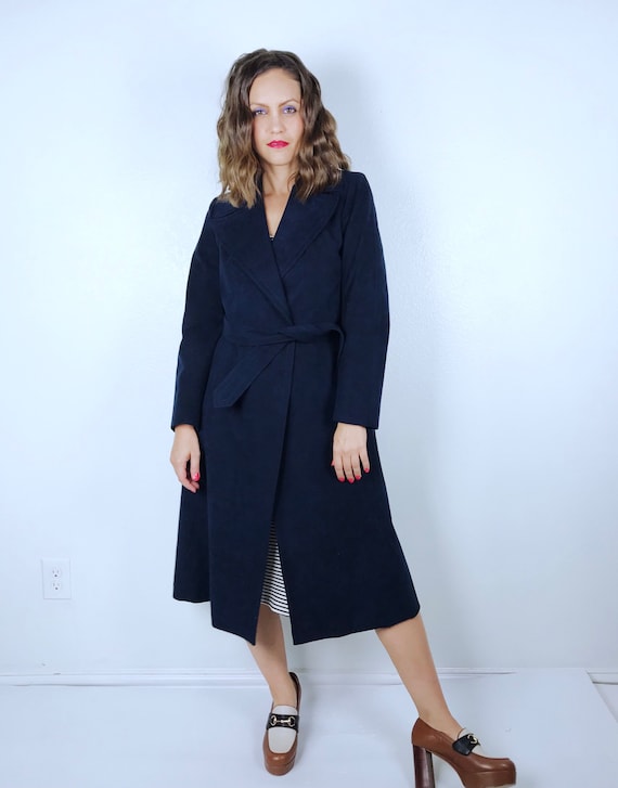 vintage 70s Faux Suede NAVY Belted WRAP COAT Smal… - image 6