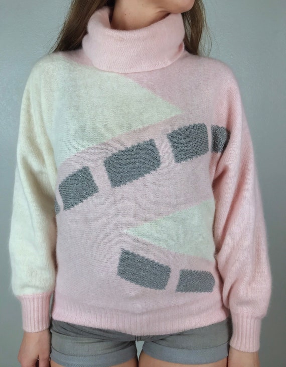 vintage 80s Pastel Pink ANGORA Batwing TURTLENECK… - image 5