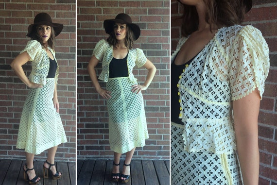vintage 30s Cream EYELET LACE Two Piece Set DRESS
