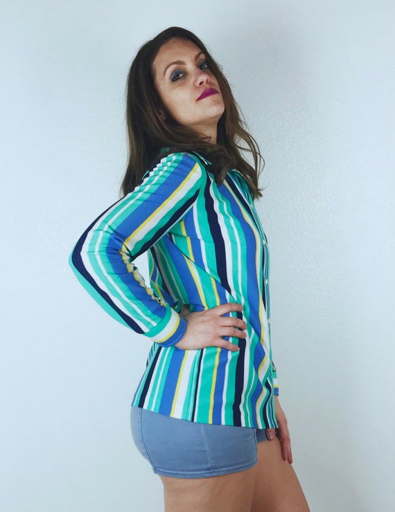 vintage 70s MINT STRIPED Disco BLOUSE Large disco… - image 7