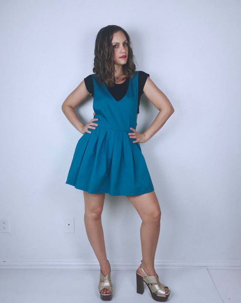 vintage 90s Turquoise PLEATED full skirt JUMPER mini dress Medium schoolgirl babydoll vintage 90s grunge dress overall dress pinafore dolly