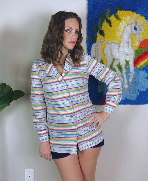 vintage 70s CANDY STRIPED rainbow pastel BLOUSE M… - image 2