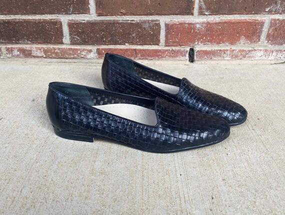 Sz 11 Vintage 80s Black WOVEN LEATHER Lace up OXFORDS Flats Narrow