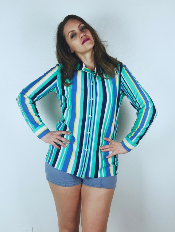 vintage 70s MINT STRIPED Disco BLOUSE Large disco… - image 3