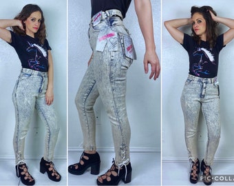 size 26/27 vintage 80s DEADSTOCK Acid Wash JEANS Medium/9/10 cut out corset nwt Boom Boom high waisted 80s denim tapered skinny jeans new