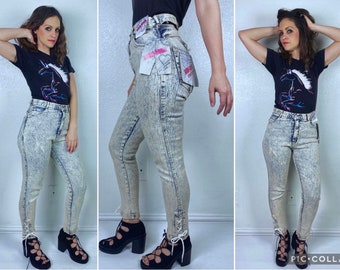 size 29/30 vintage 80s DEADSTOCK Acid Wash JEANS Large/13/14 cut out corset nwt Boom Boom high waisted 80s denim tapered skinny jeans new