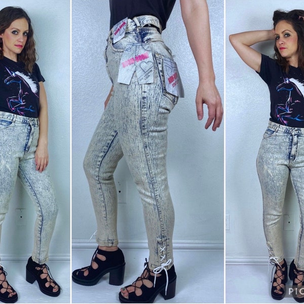 size 26 vintage 80s DEADSTOCK Acid Wash JEANS Small/7/8 cut out corset nwt Boom Boom high waisted 80s denim tapered skinny jeans new lace up