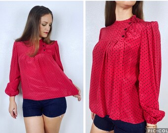 vintage 80s Cherry Red OSCAR De La Renta SILK BLOUSE Small/Medium babydoll Polka Dot puff sleeve Miss O designer long sleeve shirt tunic top