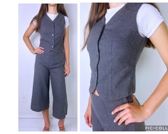 size 0/2 vintage 70s Gray Tweed TWO PIECE SET xs wide leg gaucho pants fitted vest 70s culottes high waist cropped pants retro 70s trousers