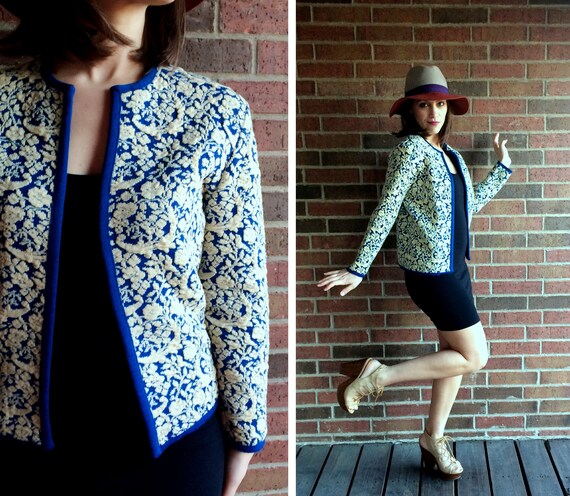 vtg 50s Royal Blue CATALINA jaquard knit Draped SW