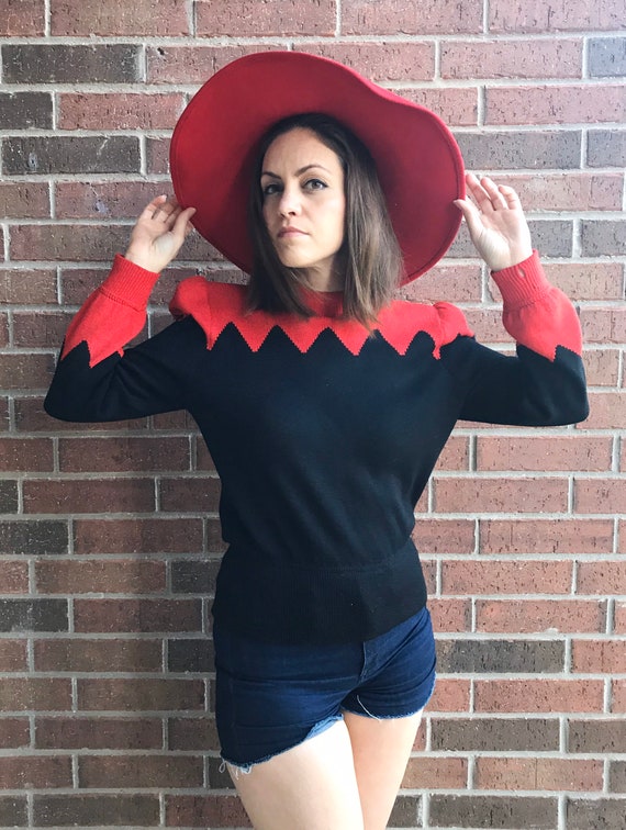vintage 70s Cherry RED Wide Brimmed FLOPPY HAT fel