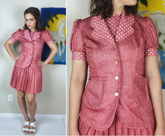 vintage 60s Dusty Rose POLKA DOT Two Piece DRESS … - image 1