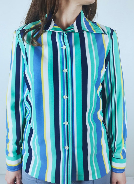 vintage 70s MINT STRIPED Disco BLOUSE Large disco… - image 6