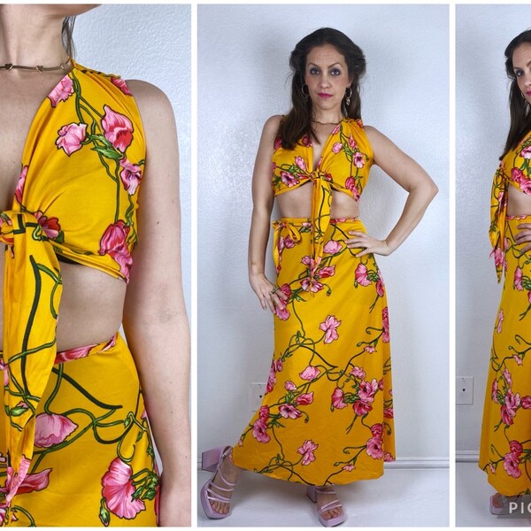 vintage 70s Marigold POPPY PRINT Two Piece SET Small tie top retro crop top disco high waist wrap skirt matching set floral print colorful