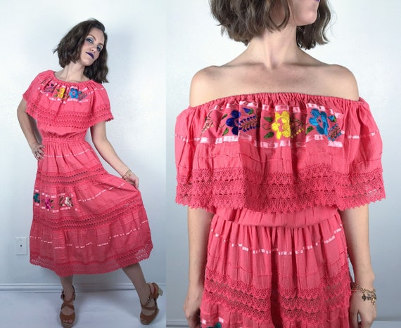 vintage 70s CORAL Floral EMBROIDERED Mexican Sun … - image 1