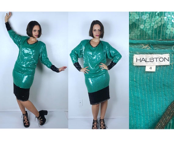 vintage 70s/80s Jade Green HALSTON Sequined COCKT… - image 1