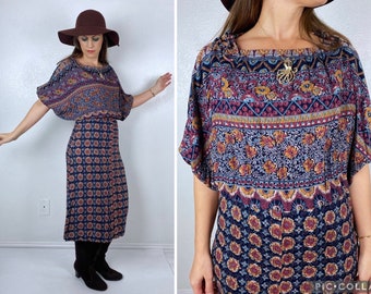 vintage 70s Wide Sleeve FLORAL PRINT Boho DRESS Small peasant shoulder ties batwing dolman sleeve midi dress hippie bohemian navy colorful