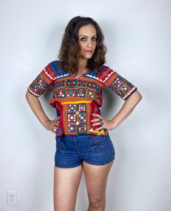 vintage COLORFUL Embroidered MIRRORED TOP xs/s op… - image 2