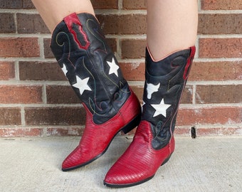 size 8.5 vintage 80s STARS red, black Western COWBOY BOOTS rainbow stitched leather boots rockabilly pointy cowgirl mid calf womens boots 39