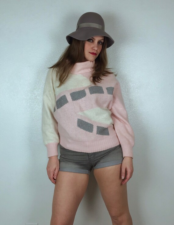 vintage 80s Pastel Pink ANGORA Batwing TURTLENECK… - image 3