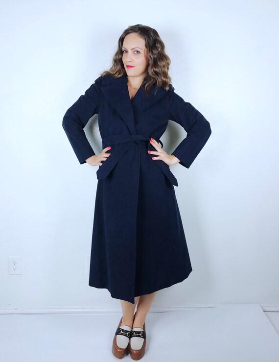 vintage 70s Faux Suede NAVY Belted WRAP COAT Smal… - image 4