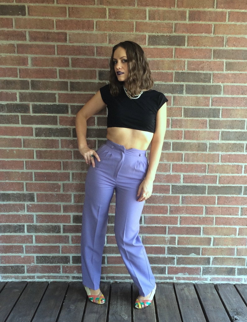 vtg 80s Lilac HIGH WAISTED pleated TROUSERS xs25 secretary pants tapered skinny lavender pastel purple high waist preppy
