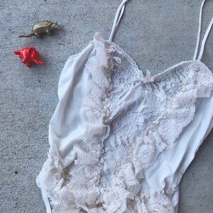 vintage 80s IVORY sheer lace RUFFLES TEDDY Small one piece vintage 80s lingerie 80s onesie playsuit pinup boudoir bodysuit pinup burlesque