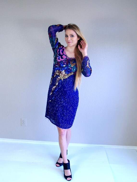 vintage 80s cobalt blue SHOOTING STAR print sequi… - image 4