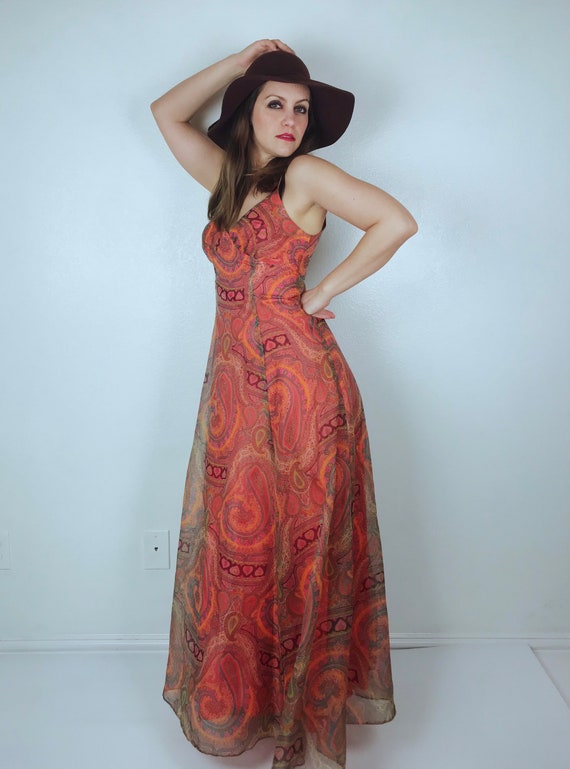 vintage 70s Tangerine HEART PRINT paisley print G… - image 4