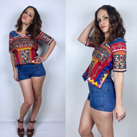 vintage COLORFUL Embroidered MIRRORED TOP xs/s op… - image 8