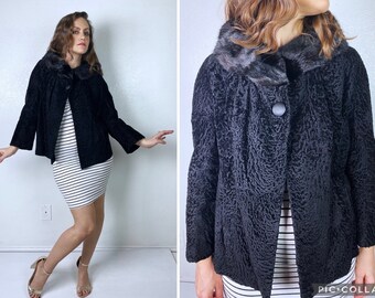 vintage 40s blk Luxe PERSIAN LAMB real Mink FUR Swing Coat Large film noir jacket outerwear midcentury poodle coat vintage 50s fur coat mcm