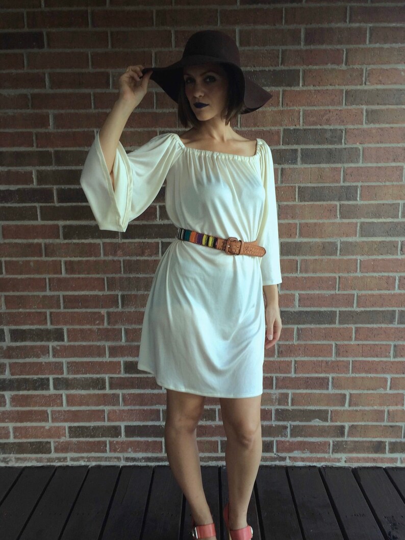 vintage 60s CREAM angel sleeve MINI DRESS Small belted draped Grecian goddess dress wide sleeve boho festival jersey hippie dress 70s dress