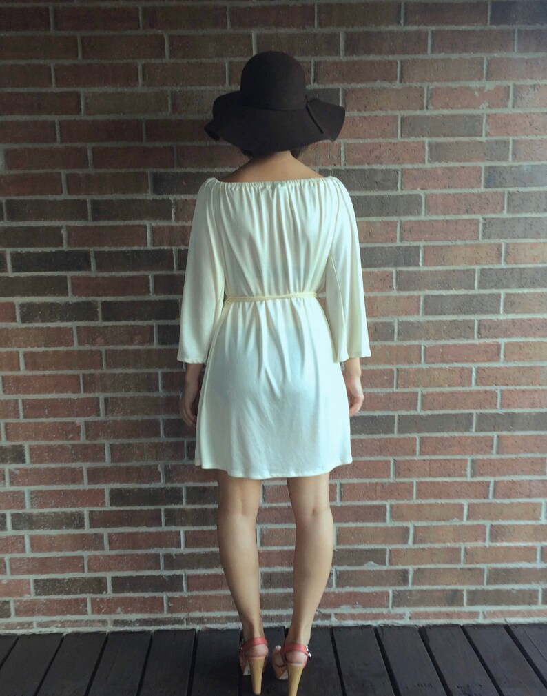vintage 60s CREAM angel sleeve MINI DRESS Small belted draped Grecian goddess dress wide sleeve boho festival jersey hippie dress 70s dress