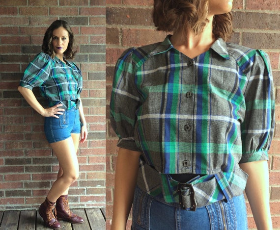 vintage 40s style Green, Blue PLAID Buckle CROP TO