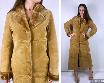 vintage 90s Tan Faux SHEARLING Fur MAXI COAT Small thick winter teddy bear suede leather fur collar Penny Lane boho outerwear Almost Famous