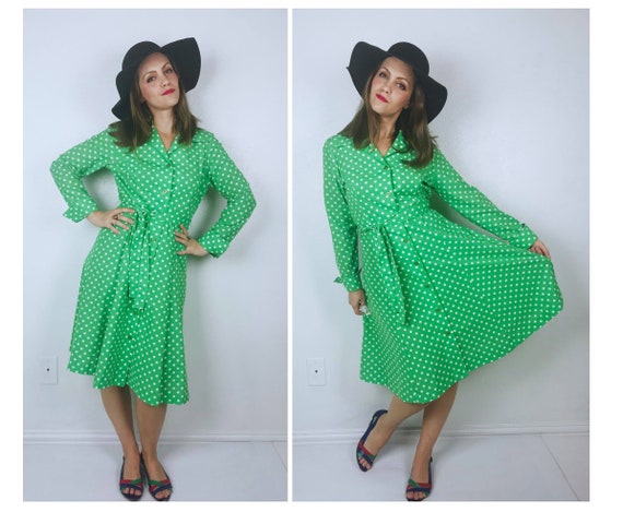 vintage 70s Lime Green POLKA DOT French Cuffs DRES