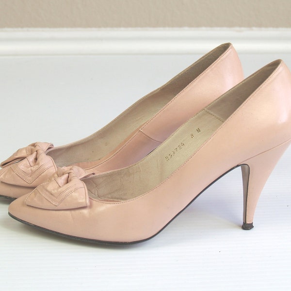 foxy vtg 80s retro PALE PINK leather Bow STILETTOS heels pumps 8 dolly