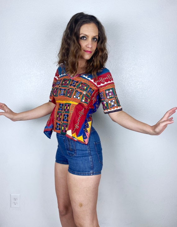vintage COLORFUL Embroidered MIRRORED TOP xs/s op… - image 7
