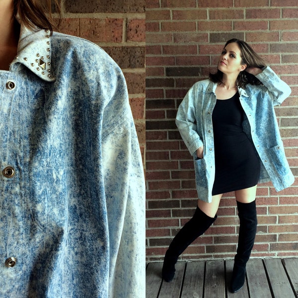 vtg 80s ACID WASH Studded JACKET os/Extra Large snap up shirt pockets oversized top jean jacket bleached 80s jacket denim retro hipster