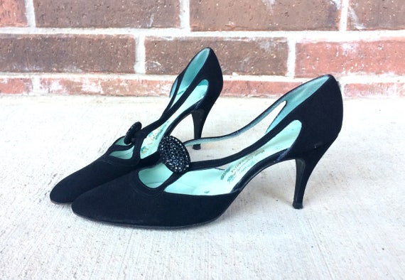 vintage 50s black RHINESTONE strappy PINUP HEELS p