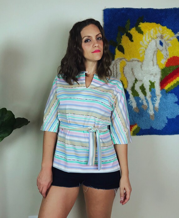 vintage 70s Pastel CANDY STRIPED belted TUNIC Top… - image 9