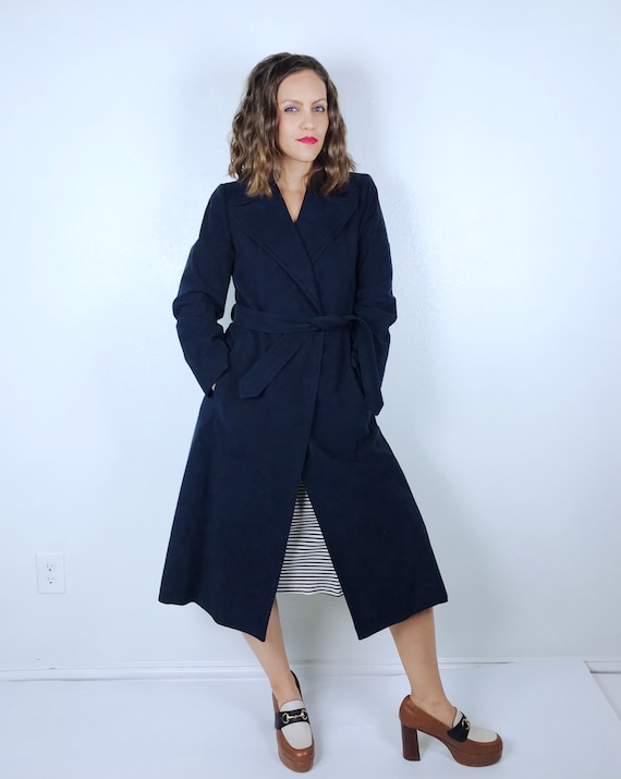 vintage 70s Faux Suede NAVY Belted WRAP COAT Smal… - image 3