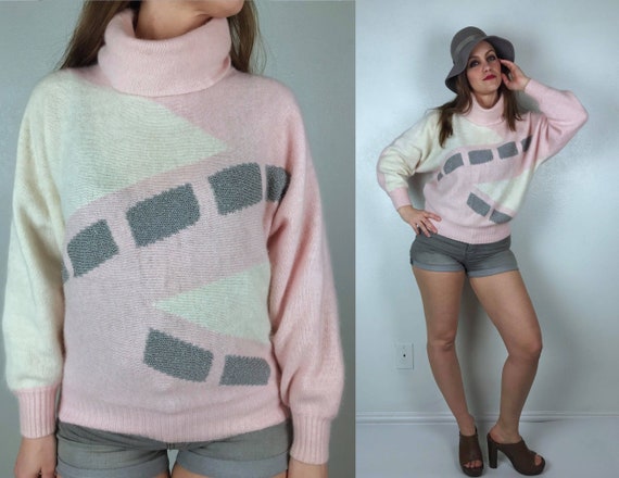 vintage 80s Pastel Pink ANGORA Batwing TURTLENECK… - image 1